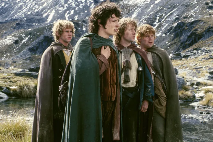 Dominic Monaghan, Elijah Wood, Billy Boyd and Sean Astin in the first Lord Of The Rings movie