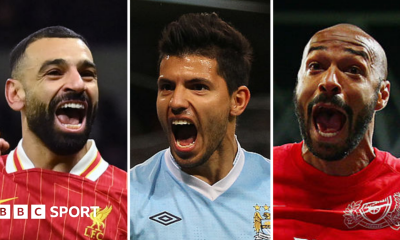 A graphic of Premier League players from every team in the division in 2025-26 season, with the Premier League trophy in front of them.