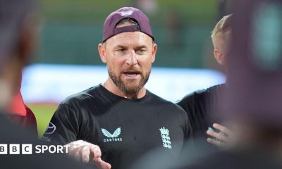 England head coach Brendon McCullum addressing players in training