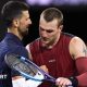 Novak Djokovic and Jack Draper hug at the net after their match at Indian Wells