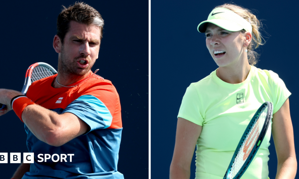 Cameron Norrie plays a forehand while Katie Boulter looks disappointed between points
