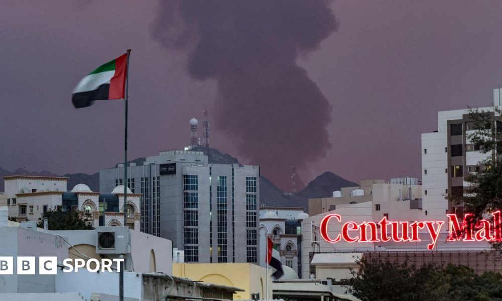 Smoke billows from the Fujairah oil terminal after a fire caused by an Iranian drone attack