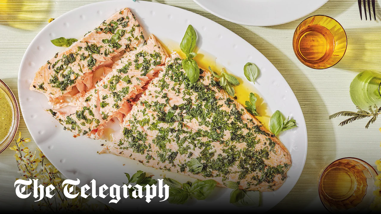 Baked side of salmon with roast lemon salsa verde recipe