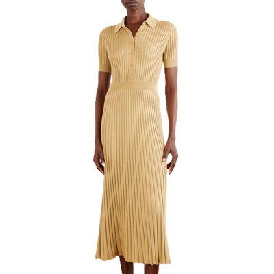 A woman wearing a camel-colored midi dress with short sleeves