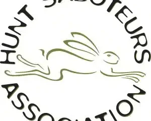 A Hunt Saboteur Association logo with an image of a running hare in the middle