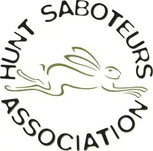 A Hunt Saboteur Association logo with an image of a running hare in the middle