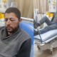 Two photos side by side: a Palestinian man in hospital whose left eye is swollen shit and another photo of him in bed holding what appears to be an ice pack over his eye