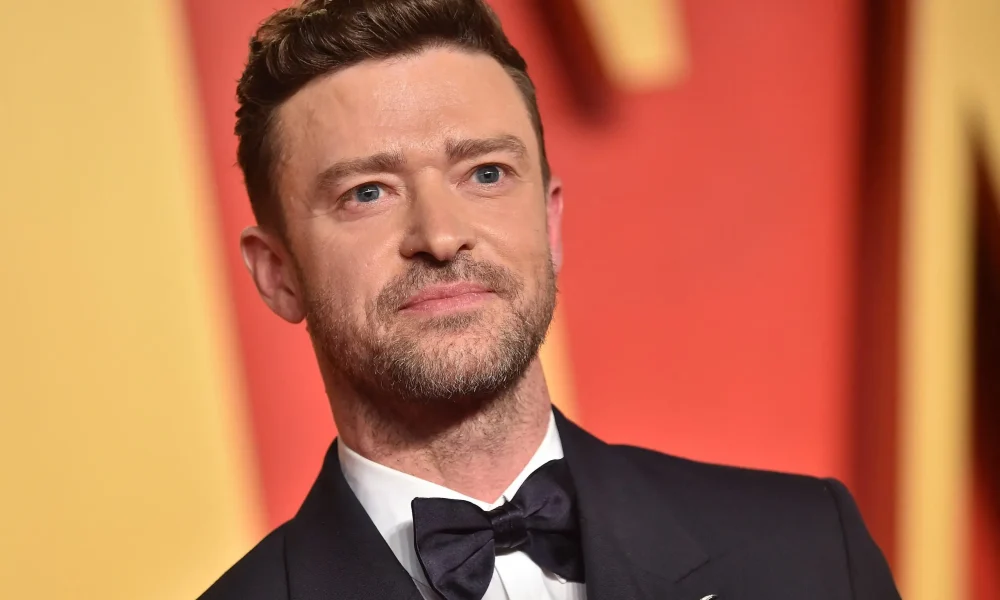 A close up portrait of Justin Timberlake at Vanity Fair Oscar Party 2024