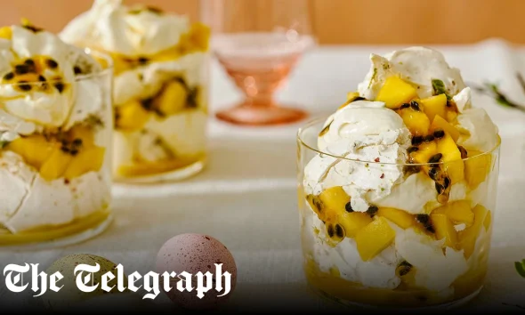 Mango and passionfruit mess with basil and pistachios