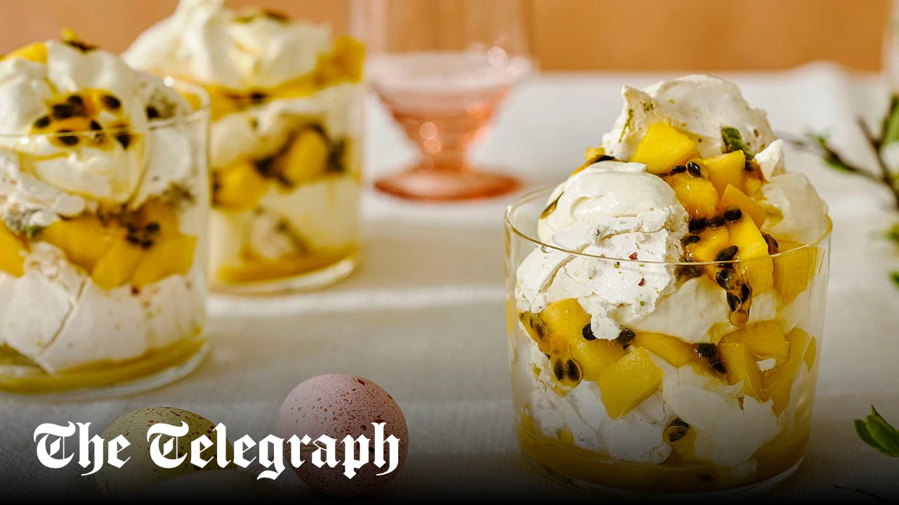Mango and passionfruit mess with basil and pistachios