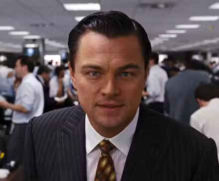 Leonardo DiCaprio's Jordan looks straight at the camera in The Wolf of Wall Street