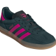 Gazelle sneaker with hot pink stripes and a dark navy? green? solid part