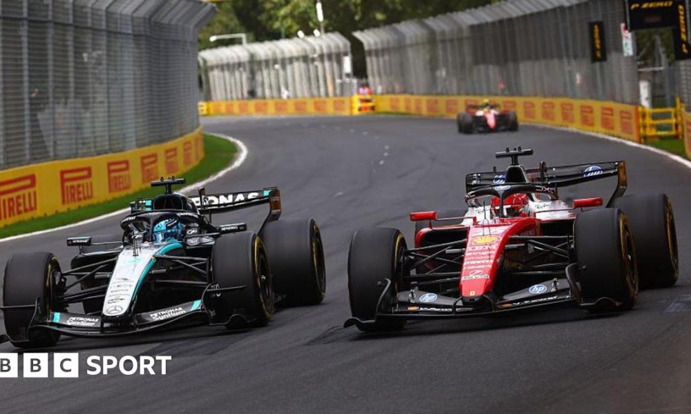 Charles Leclerc and George Russell side by side as they battle for the lead of the lead of the Australian Grand Prix