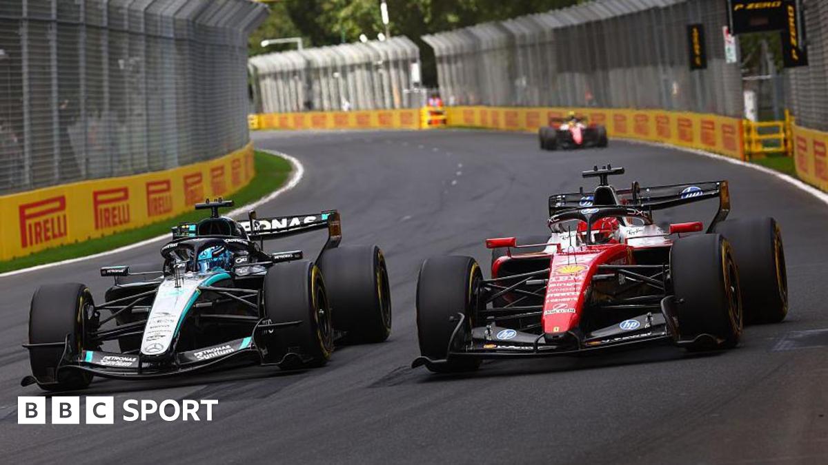 Charles Leclerc and George Russell side by side as they battle for the lead of the lead of the Australian Grand Prix
