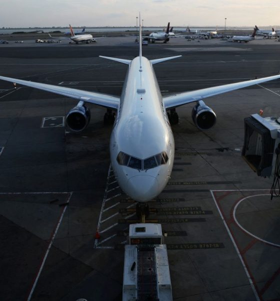 An airplane sits on the tarmac at John F. Kennedy International Airport on the July 4th weekend in Queens, New York City