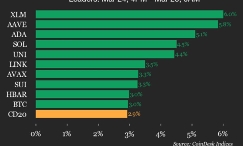 CoinDesk 20 performance update: Stellar (XLM) gains 6% as all constituents rise