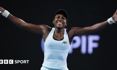 Coco Gauff celebrates her victory at the Miami Open