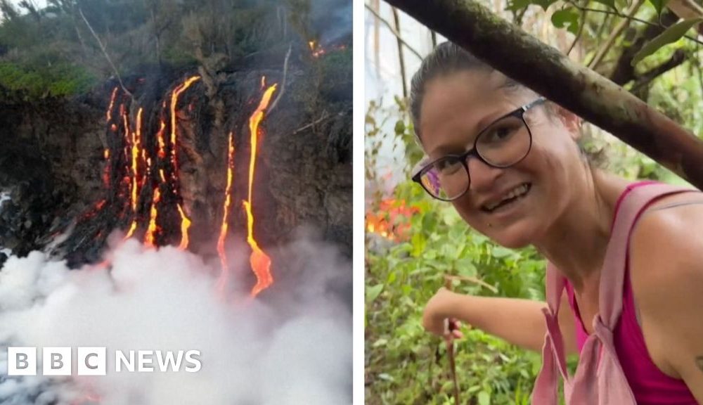 Woman is steps away from lava as volcano erupts on Reunion Island