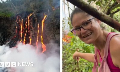 Woman is steps away from lava as volcano erupts on Reunion Island