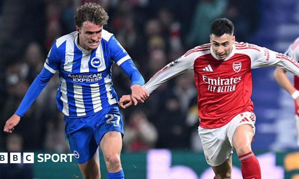 Gabriel Martinelli of Arsenal runs ahead of Mats Wieffer of Brighton & Hove Albion