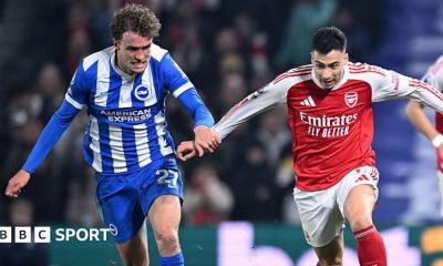 Gabriel Martinelli of Arsenal runs ahead of Mats Wieffer of Brighton & Hove Albion