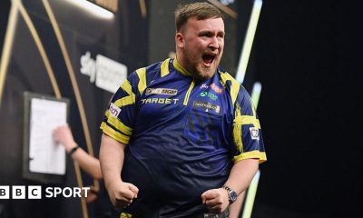 Luke Littler celebrates winning Premier League Darts in Dublin