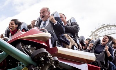 As part of the 2024 General Election campaign, Ed Davey rides a rollercoaster at Thorpe Park, 10 June 2024.