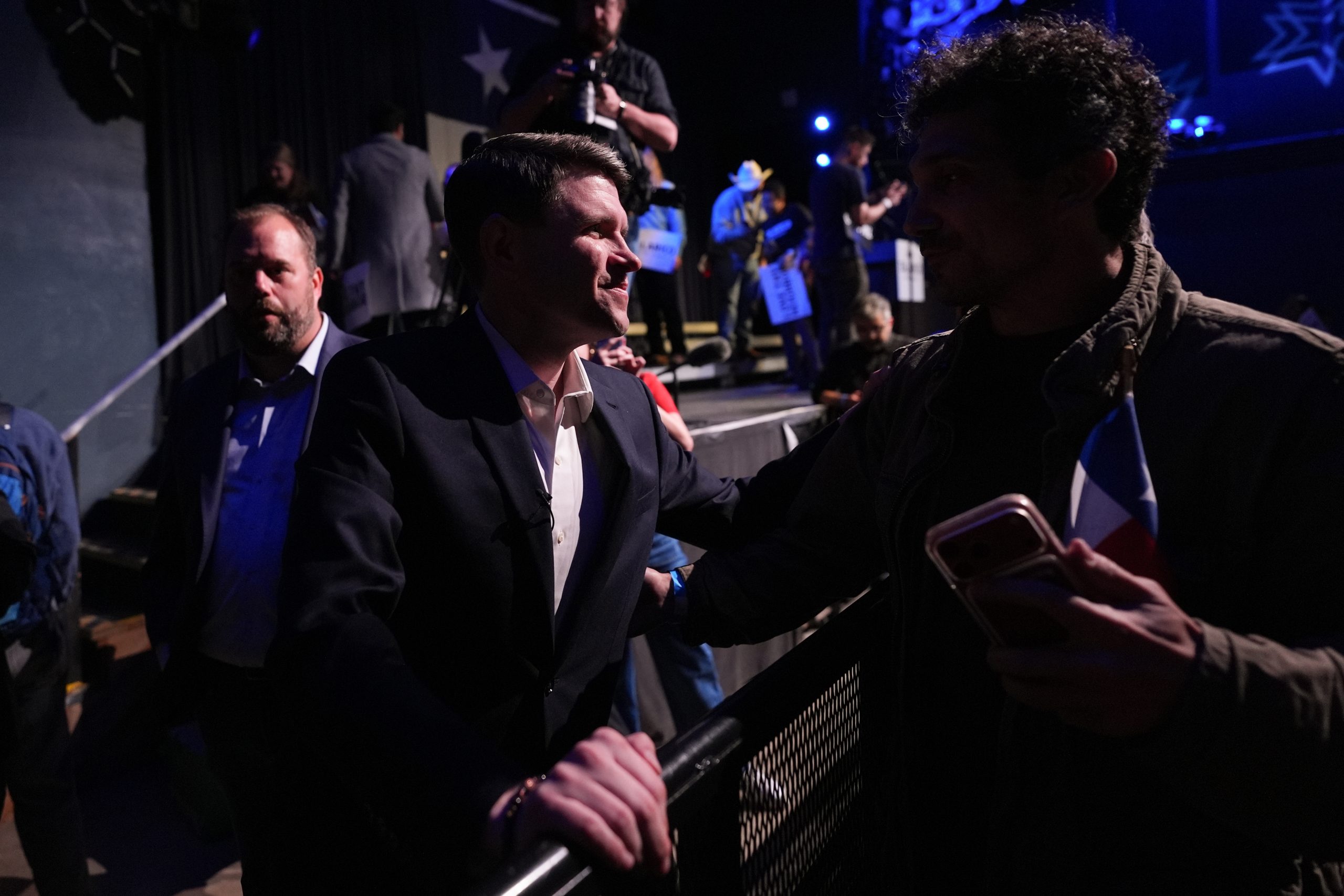 Texas state Rep. James Talarico greets supporters at a primary election watch party, March 3, 2026, in Austin, Texas.