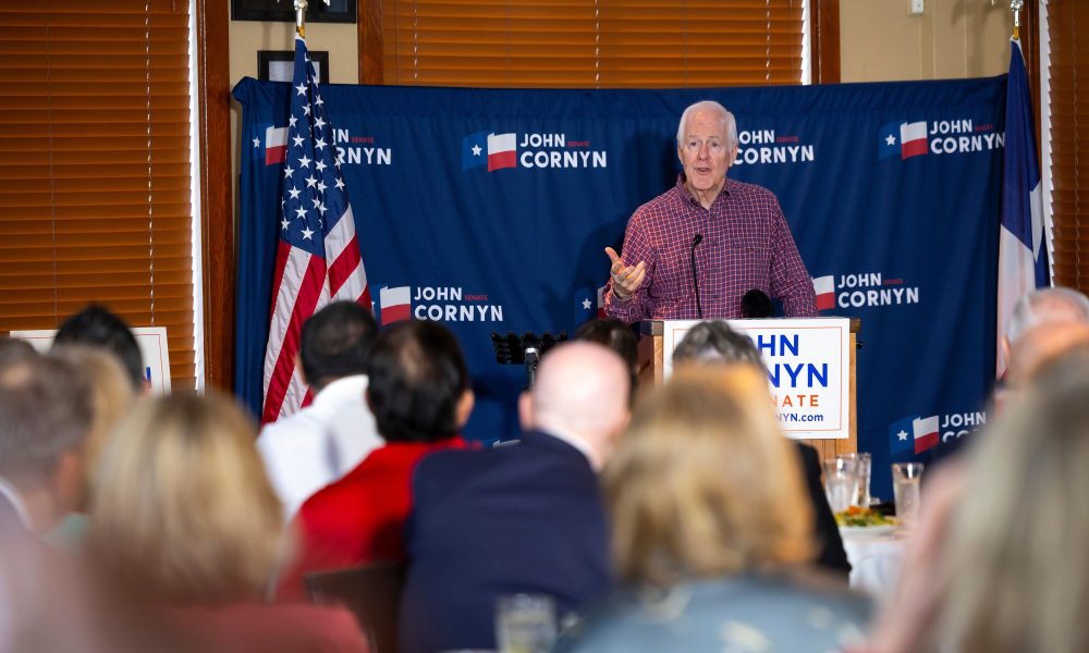 Sen. John Cornyn (R-Texas) speaks during a campaign stop in The Woodlands on Feb. 28, 2026.