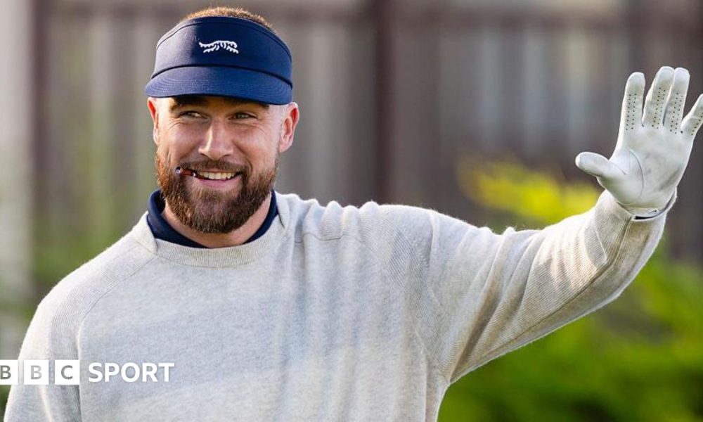 Travis Kelce waves before the start of the second round of the AT&T Pebble Beach Pro-Am in 2026