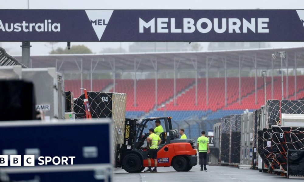 Workers prepare for the 2026 Australian Grand Prix