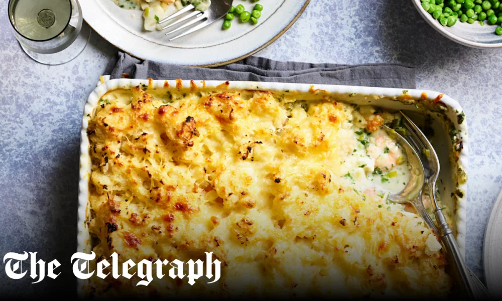 Fish pie with leeks and celeriac cheddar mash