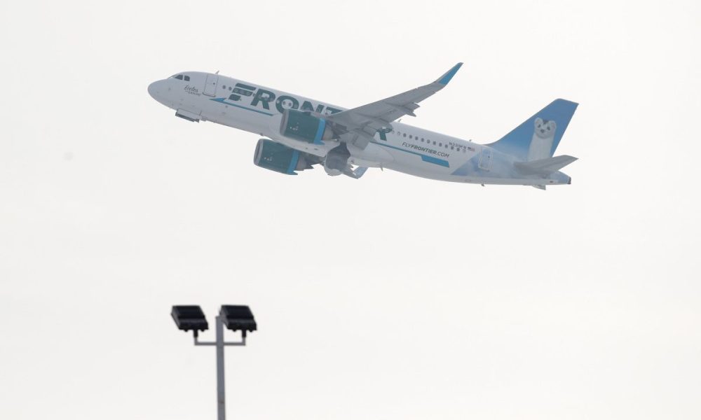 A Frontier Airlines Airbus A320neo plane departs from O'Hare International Airport in Chicago