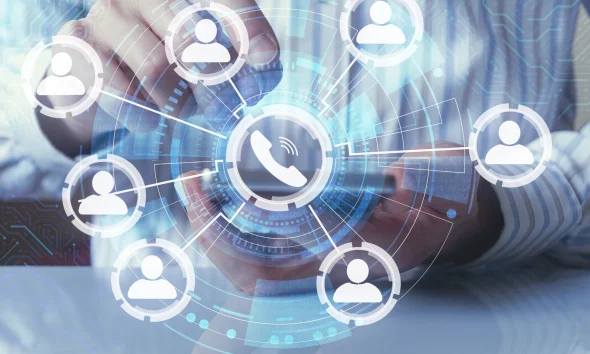 online meetings, smart phone video calling concept, using video meeting online app, businessman holding phone and touching screen