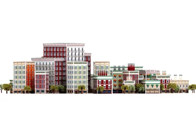 Beautiful city with periodic style buildings. 3D rendering illustration