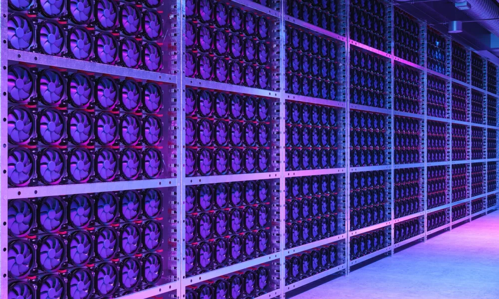 Mining Farm Interior. Racks Of CPU And Motherboard With Neon Lighting
