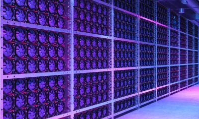 Mining Farm Interior. Racks Of CPU And Motherboard With Neon Lighting