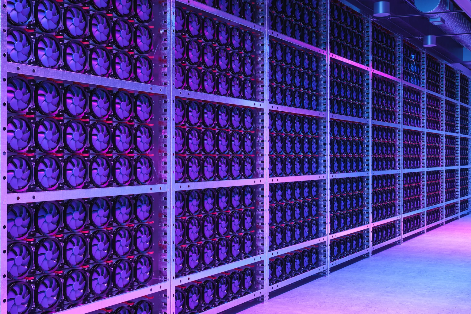 Mining Farm Interior. Racks Of CPU And Motherboard With Neon Lighting