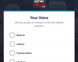 Screenshot from the website asking who people will be voting for in the next election. Reform is at the top.