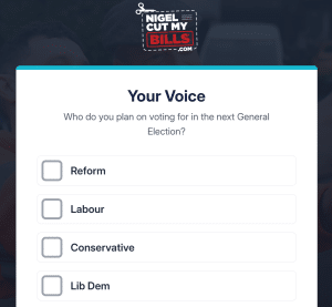 Screenshot from the website asking who people will be voting for in the next election. Reform is at the top.