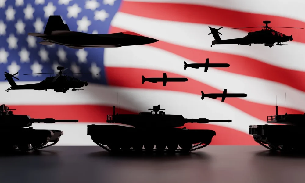 United States flag and military equipment