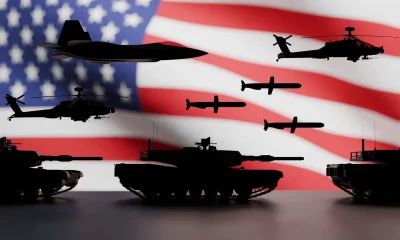 United States flag and military equipment