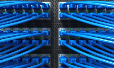 Data Center and Internet cables plugged in network server. Internet security network and safe data concept. Database storage. Cloud computing technology. 3d render