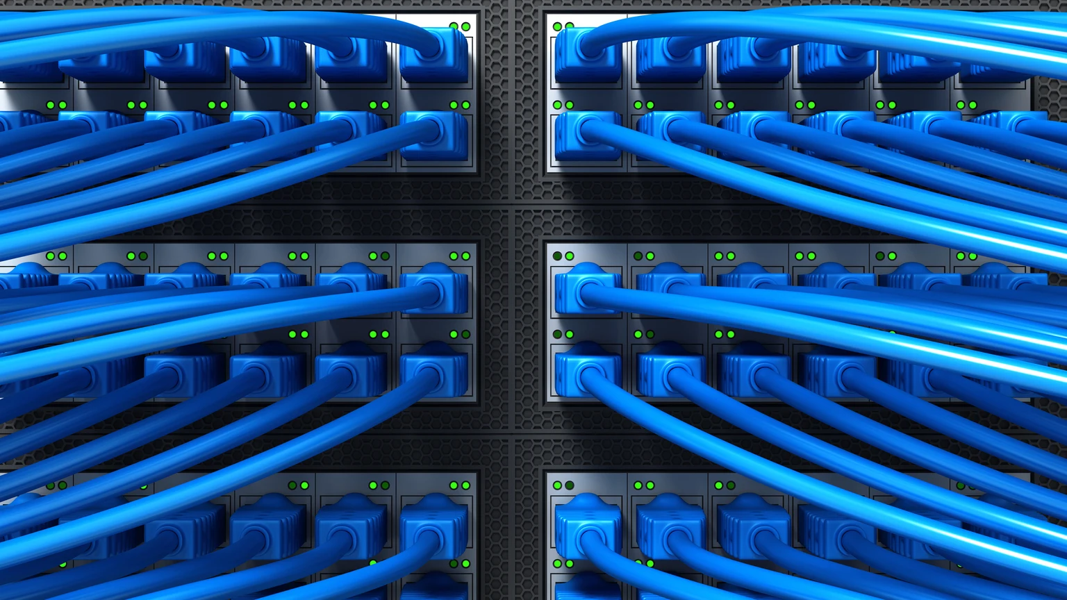 Data Center and Internet cables plugged in network server. Internet security network and safe data concept. Database storage. Cloud computing technology. 3d render