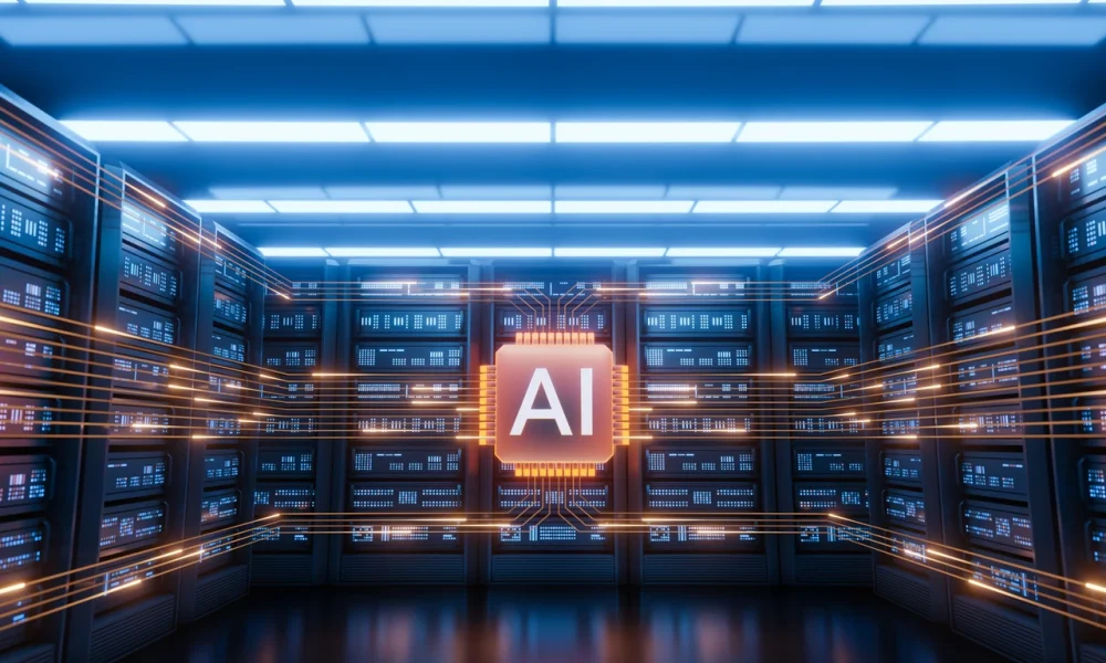 Futuristic AI Server Room with Data Flow and Glowing Chip