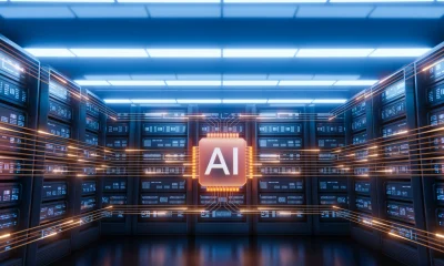 Futuristic AI Server Room with Data Flow and Glowing Chip