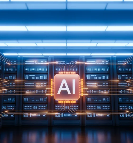 Futuristic AI Server Room with Data Flow and Glowing Chip