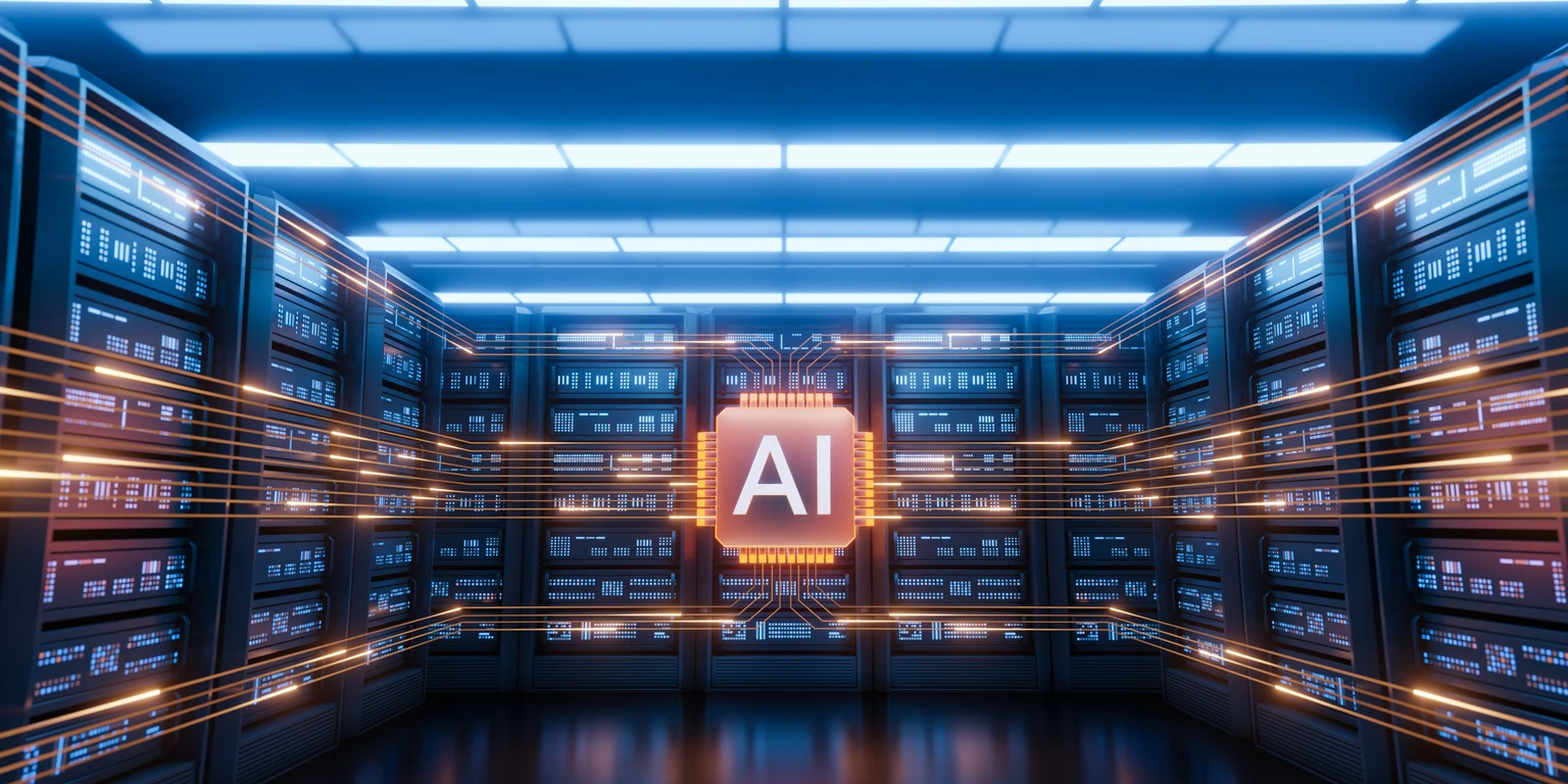 Futuristic AI Server Room with Data Flow and Glowing Chip