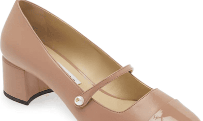 matte pink leather shoe with Mary Jane strap and a patent cap toe