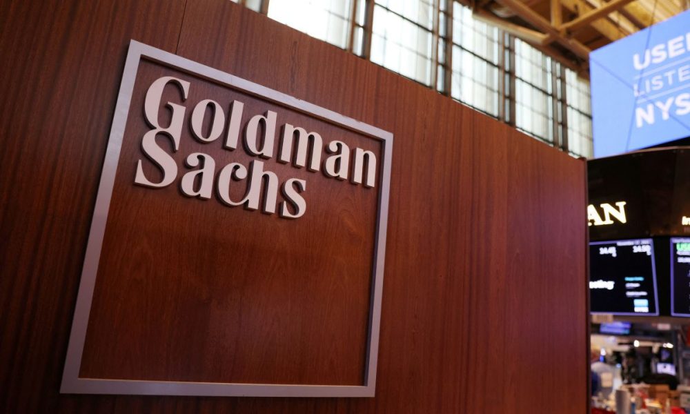 The logo for Goldman Sachs is seen on the trading floor at the New York Stock Exchange (NYSE) in New York City